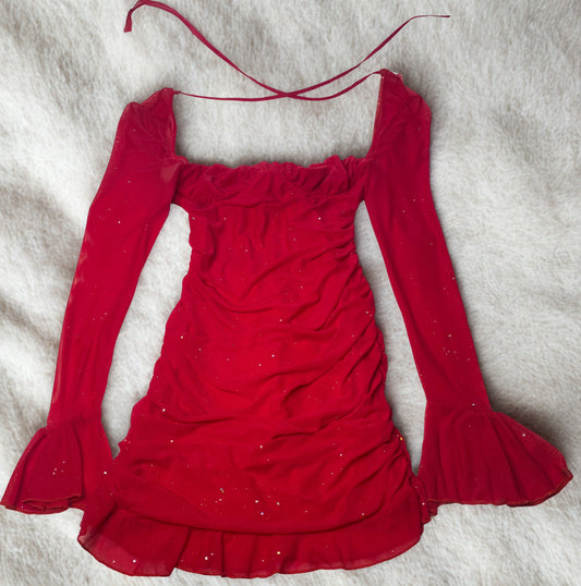 Red Sheer Ruched Mini Dress SIZE: MEDIUM