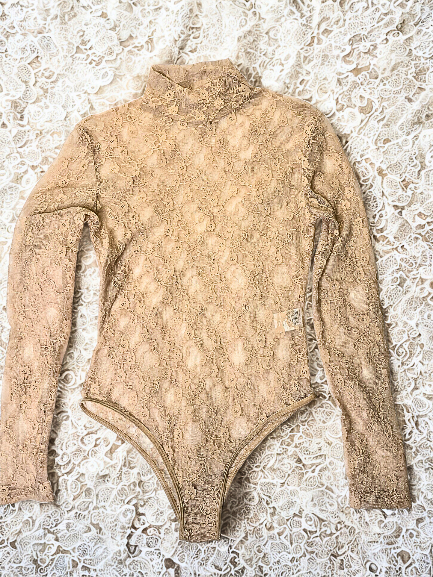 Nude Lace Long-Sleeve Bodysuit SIZE: SMALL