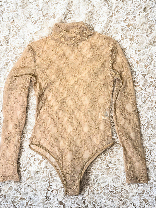 Nude Lace Long-Sleeve Bodysuit SIZE: SMALL
